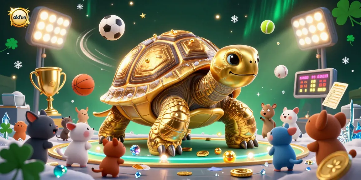 Engage with okfun's gameplay featuring a colossal pinball tortoise alongside dynamic sports elements and a festive interaction scene.