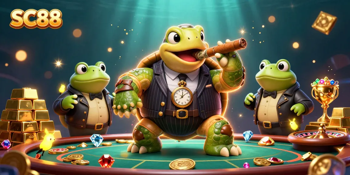 SC88's engaging casino experience with a stylish turtle and frog in a vibrant gaming scene.