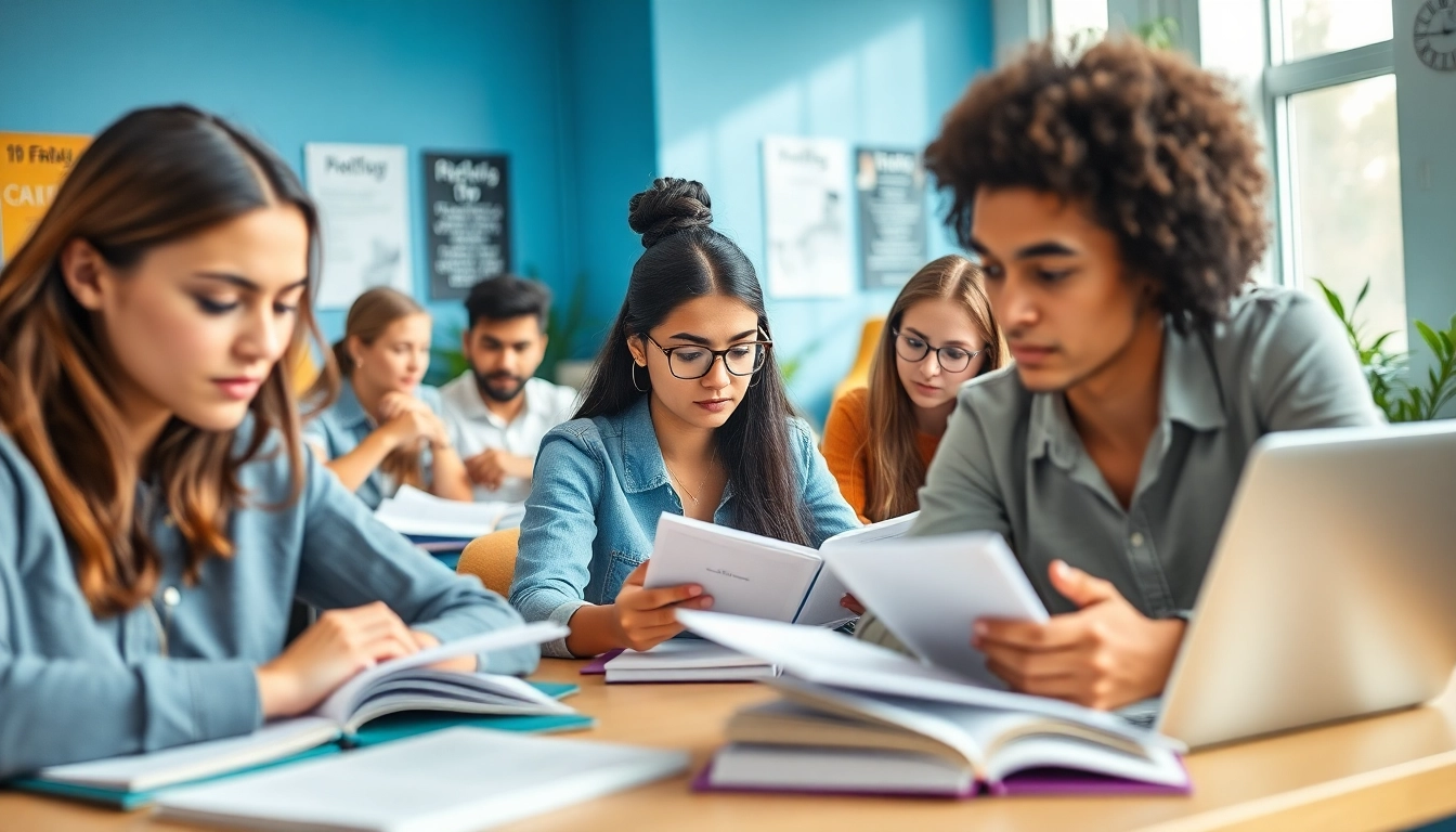Engaged TOEFL test takers for hire studying in a modern classroom.