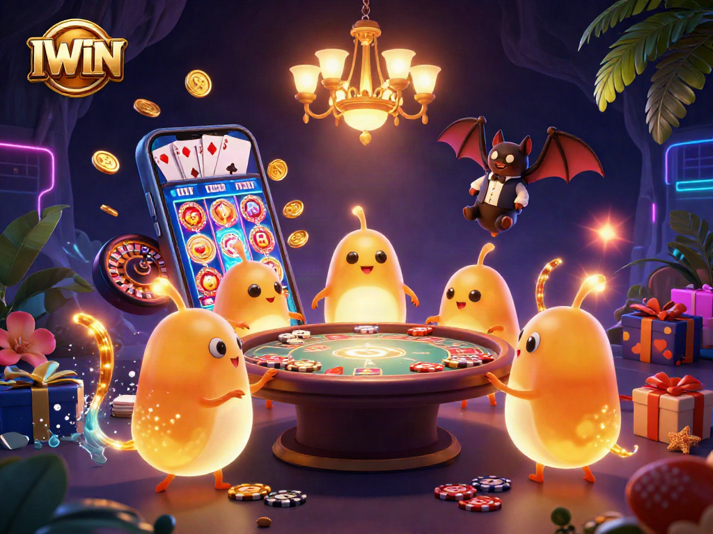 IWIN glowworms illuminate a vibrant cave casino, creating dynamic gaming excitement.