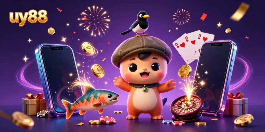 Engage with uy88 gaming experience through colorful slot games featuring captivating characters, gold coins, and vibrant celebrations.
