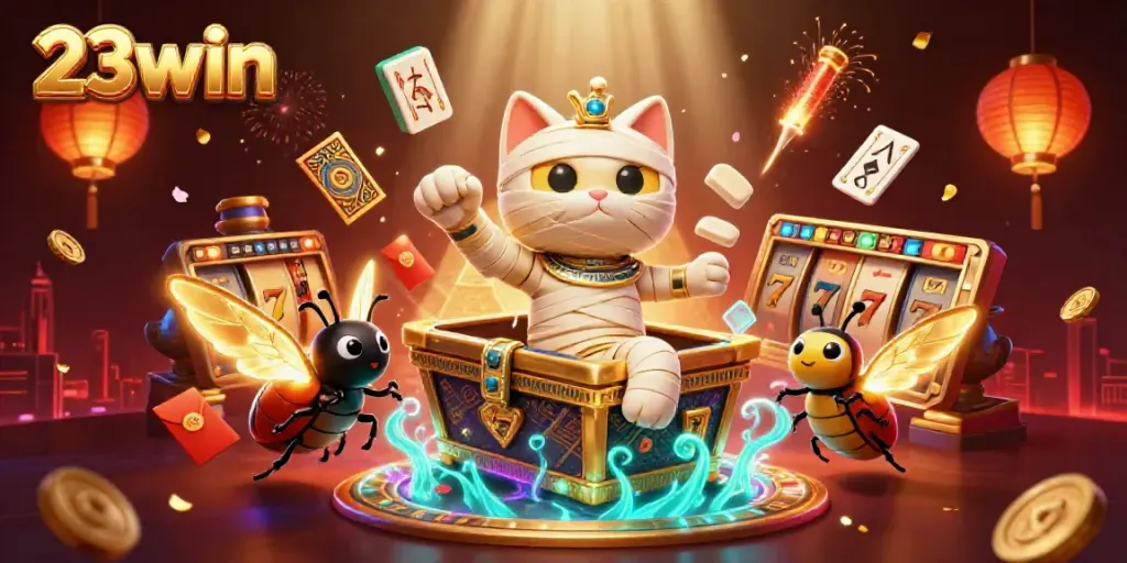Experience thrilling action with 23win in a vibrant casino scene featuring unique Egyptian characters.
