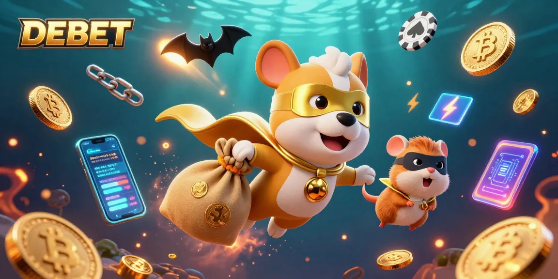 DEBET superhero dog delights in a colorful casino scene filled with gold coins, crypto elements, and vibrant energy.