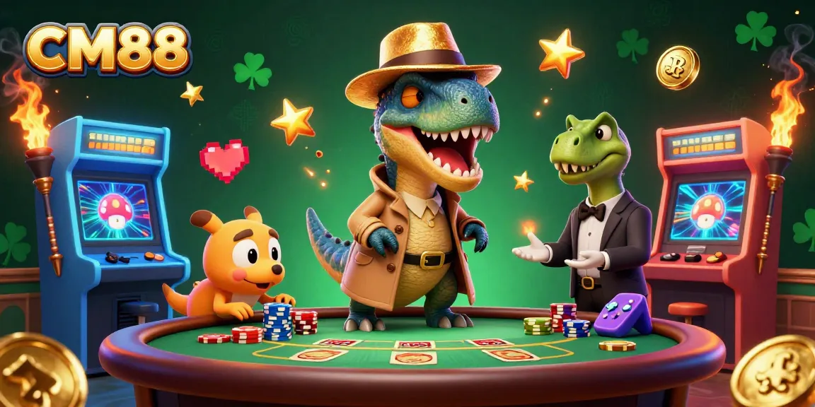 Experience the excitement of CM88 as the cartoon velociraptor card counter interacts with casino games.