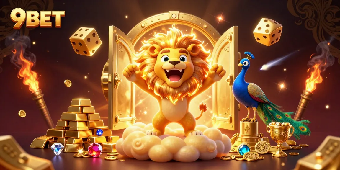 Immerse in the vibrant world of 9BET, featuring a captivating 3D scene of a lion, golden dice, and jewels.