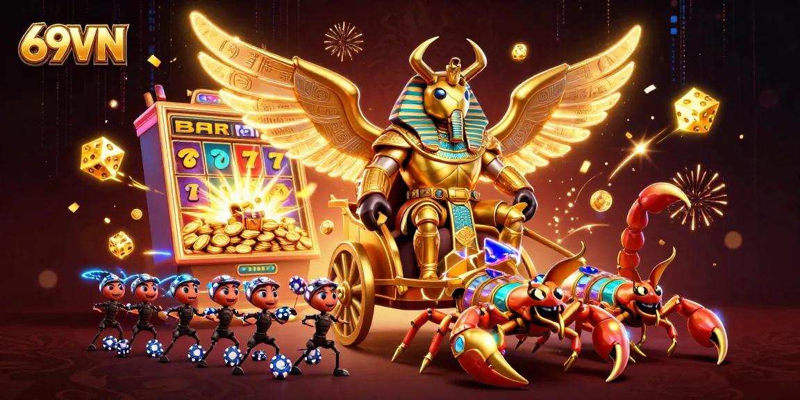 Engage in thrilling 69VN casino gaming with the colossal scarab beetle and dazzling slot machines.