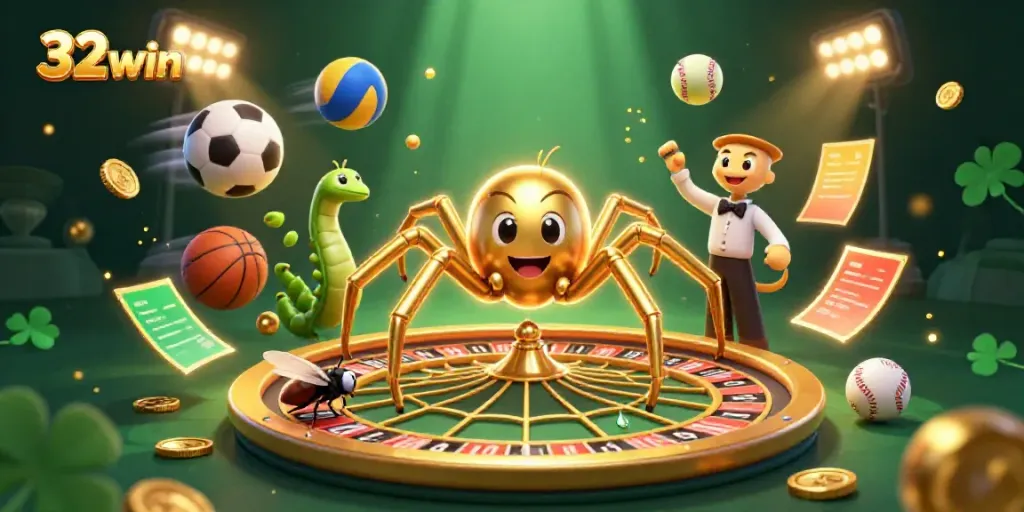 Experience thrilling bets with 32win's dynamic casino-themed 3D illustration showing excitement in gaming.