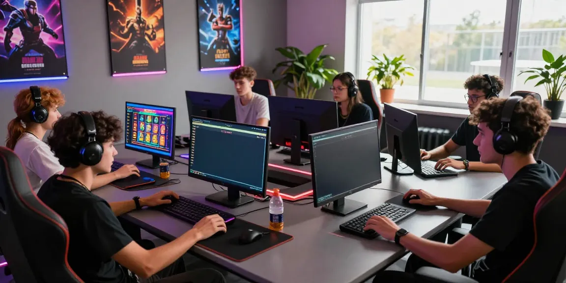 Vibrant bro138 gaming hub with enthusiastic gamers strategizing over modern gaming setups and dynamic screens.