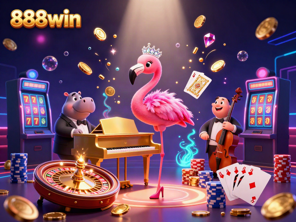 Experience the vibrant world of 888win with a flamingo singer and hippo bassist amid cascading coins and gaming elements.