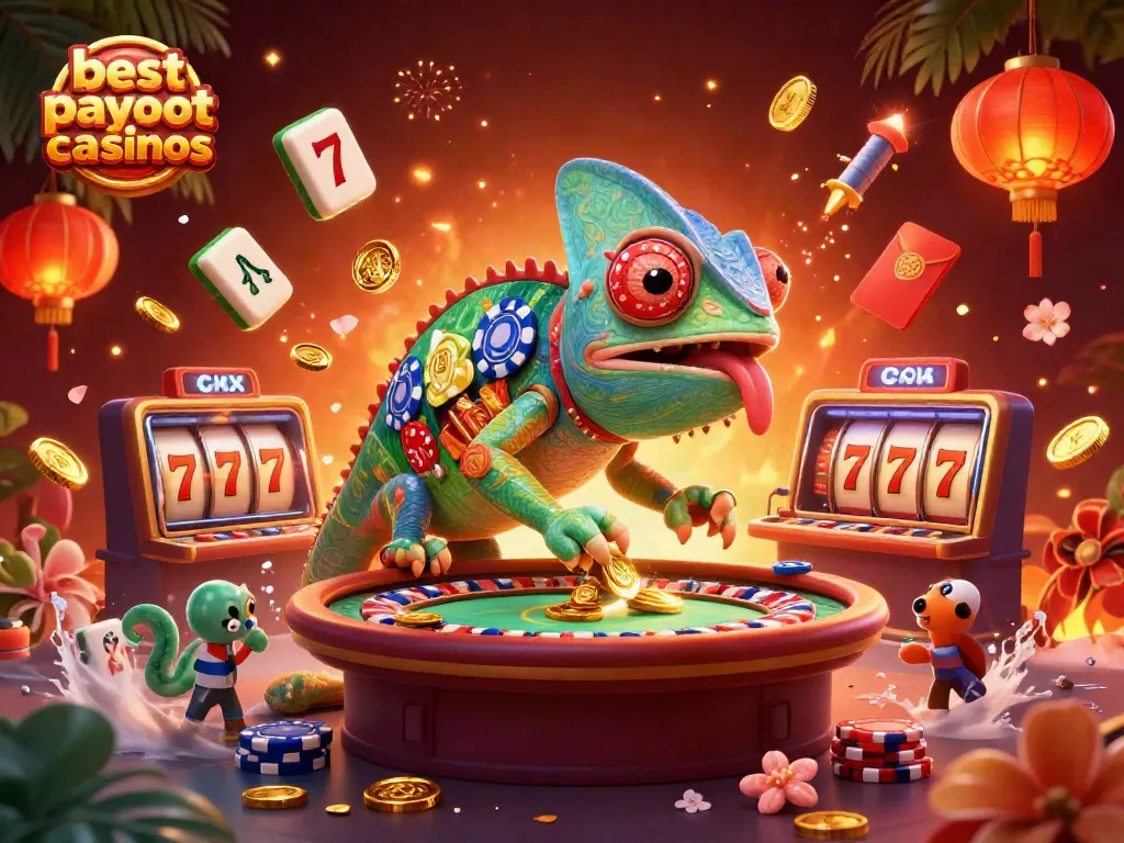 Experience the best payout casinos featuring a vibrant 3D scene with chameleon casino owner and slot reels.
