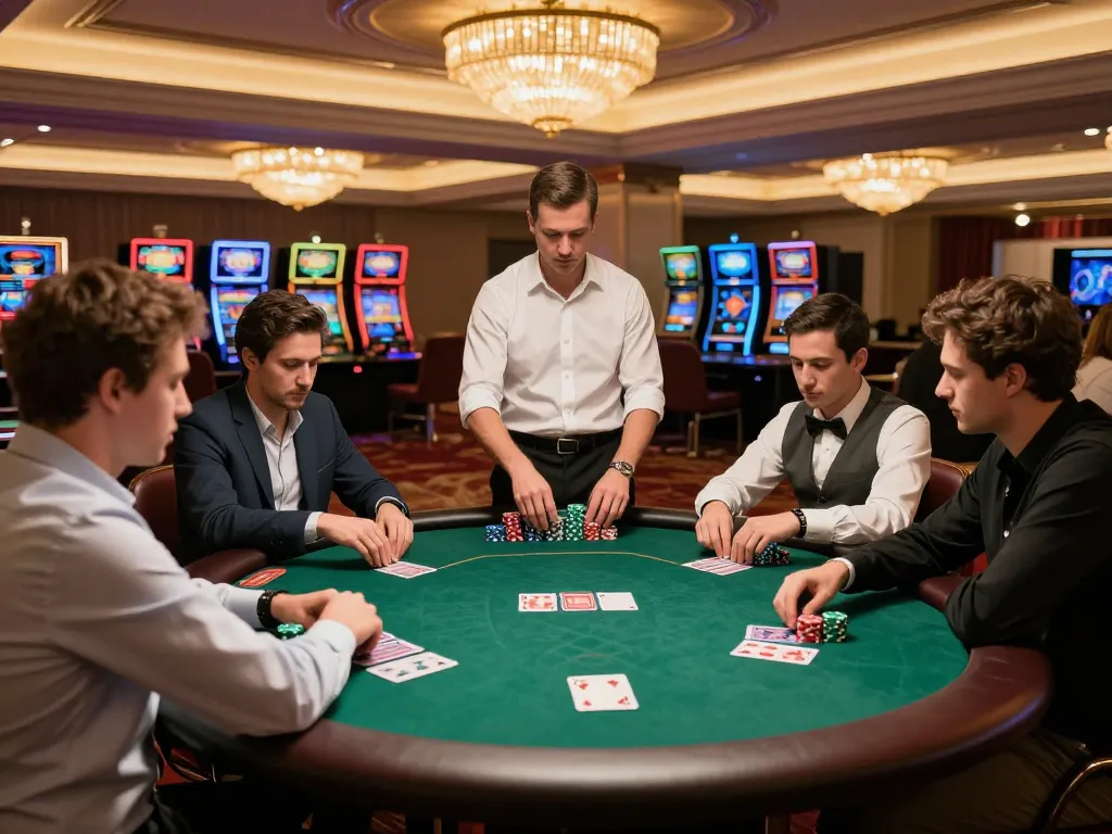 Fun88 players strategizing at a high-stakes poker table, showcasing an upscale casino atmosphere