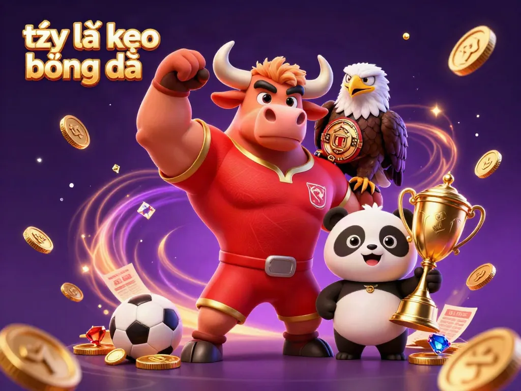 Experience the excitement of tỷ lệ kèo bóng đá with our 3D sports-themed illustration showcasing a lively scene of a bull mascot, eagle, and panda amidst dynamic betting elements.