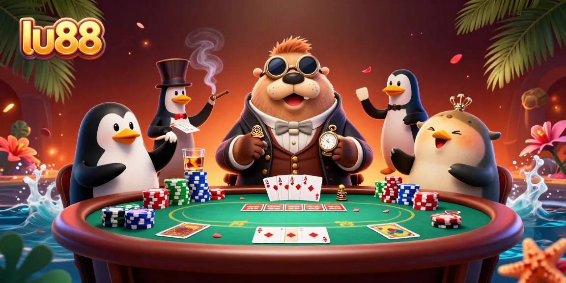 Experience the thrilling poker game at lu88 with a jolly walrus, a penguin dealer, and a bluffing pufferfish.
