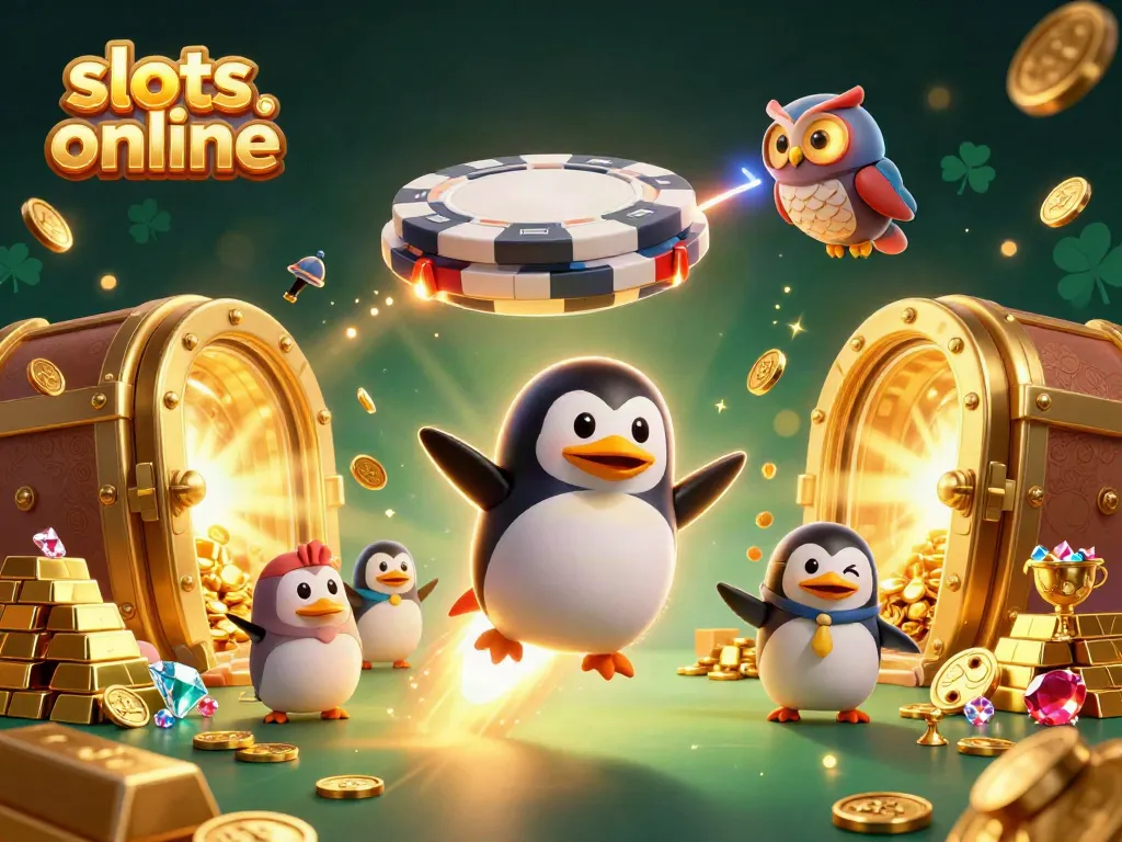 Play exciting slots online with a golden penguin and treasure galore in this dynamic casino scene.