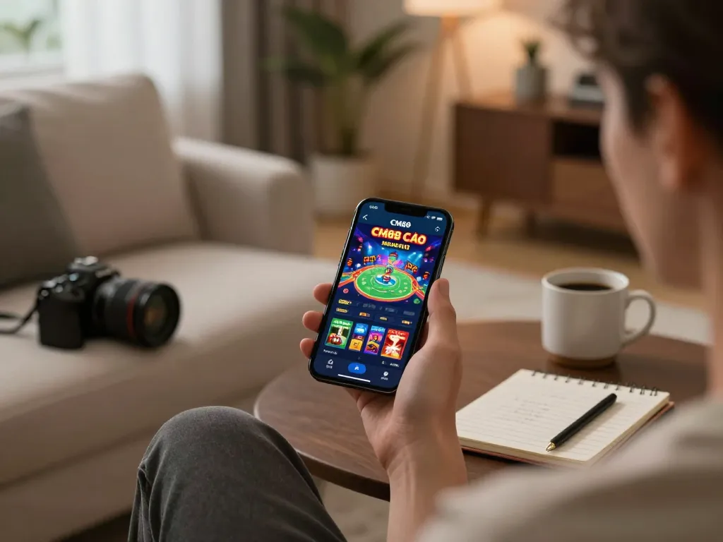 Player enjoying casino games on the CM88 nhà cái mobile app in a cozy home setting