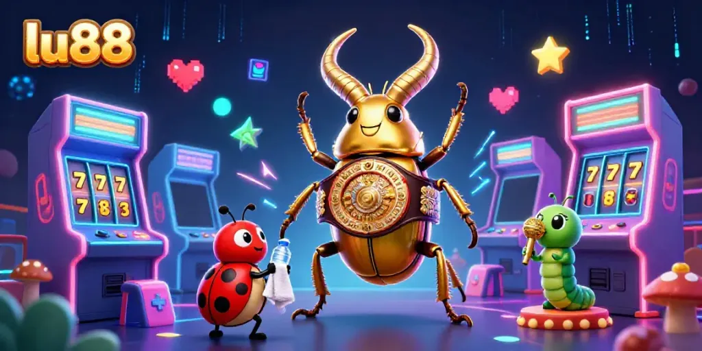 Engage with the exciting world of lu88 featuring a giant golden stag beetle in a boxing match amidst vibrant casino themes.