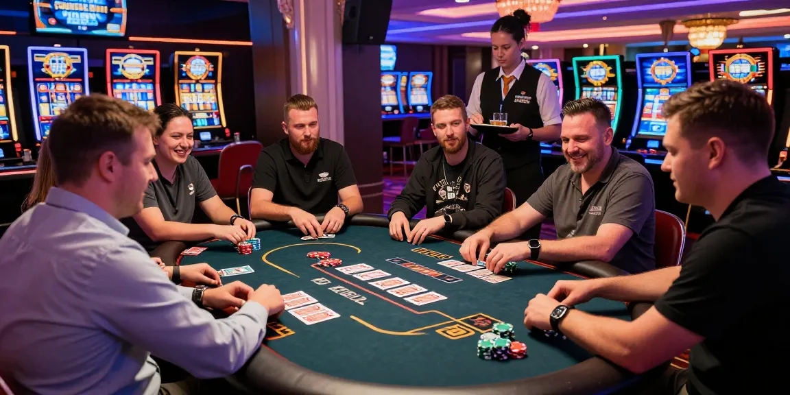 Excited players engaged at credit card casinos table with neon lights.