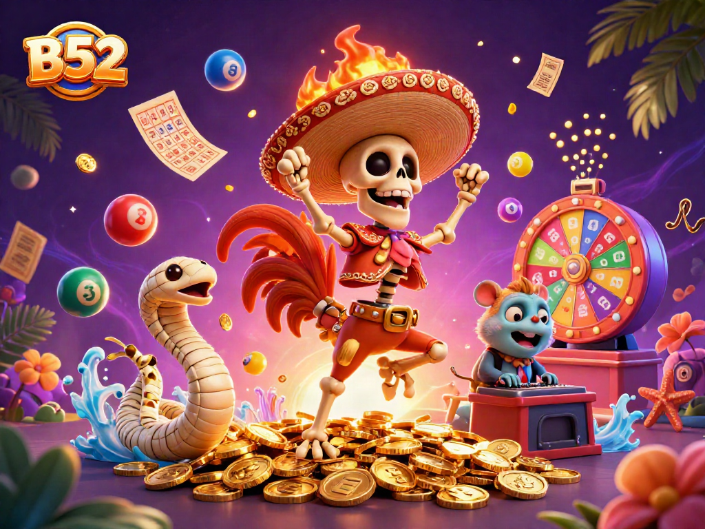 B52-themed dynamic victory dance scene with cartoon characters amidst vibrant casino elements.