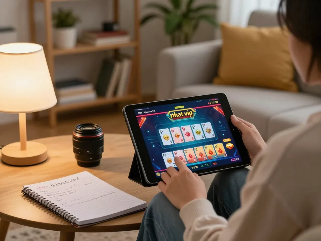 Engaging nhat vip online gaming experience on a tablet in a cozy home setup.