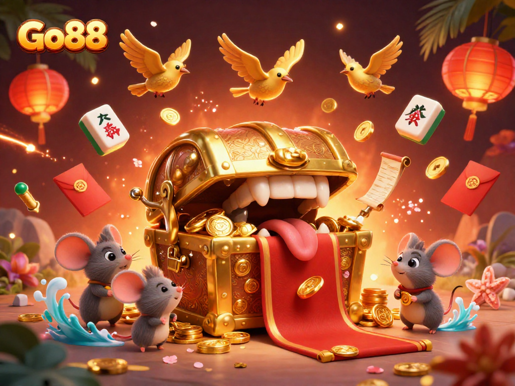Experience thrilling gameplay with Go88 as adventurer mice chase riches near a treasure chest.