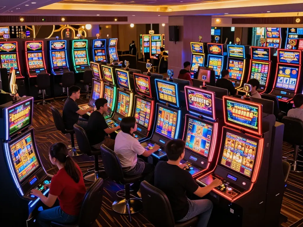 Players spinning reels at vibrant slot machines at a situs slot gacor casino, celebrating wins in a lively atmosphere.