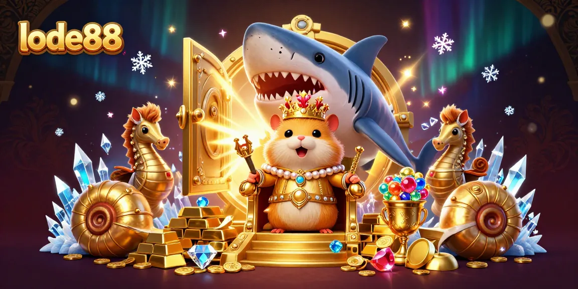 Lode88 captivates players with a golden hamster king theme amidst dazzling casino treasures in this vibrant rendering.