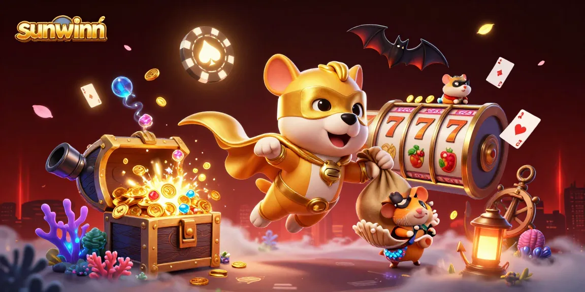 Play exciting casino games at sunwinn while a superhero dog and hamster carry gold coins in a vibrant scene.