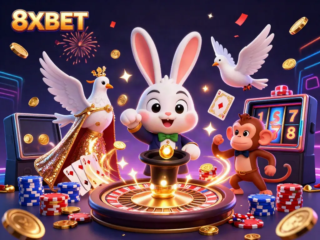 Engaging 8XBET illustration showcasing vibrant casino elements and characters, enhancing the gaming experience.