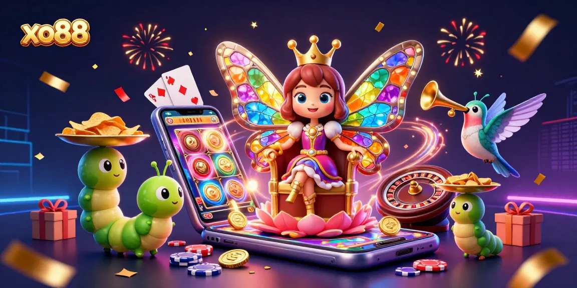 Experience dynamic gaming with xo88 featuring a colorful scene of slot games, chips, and festive visuals.