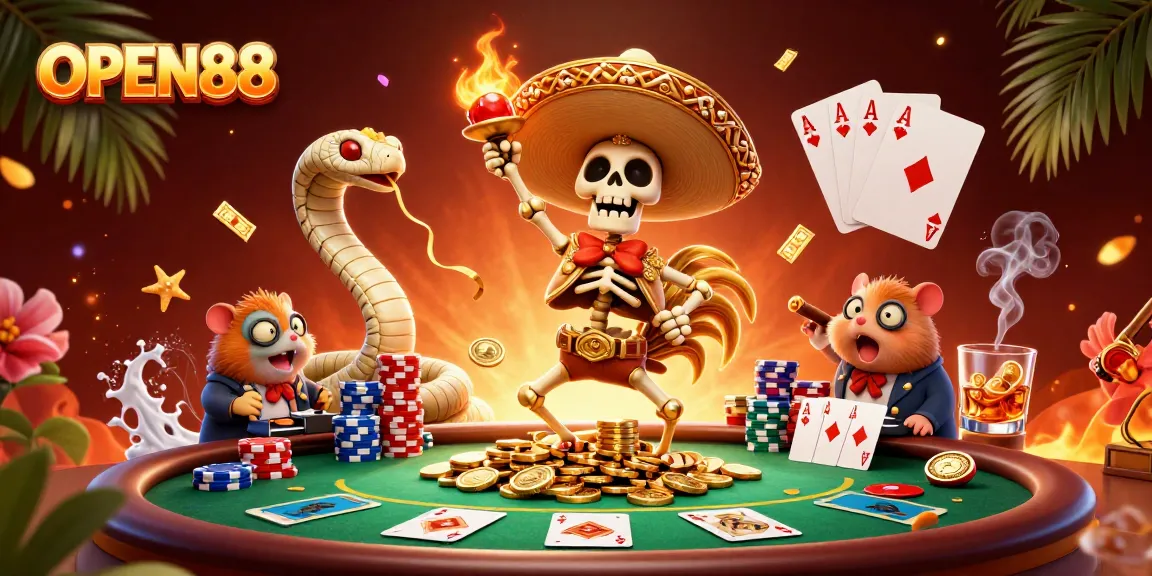 Engage with the thrilling atmosphere of OPEN88 casino featuring vibrant characters amid poker action.
