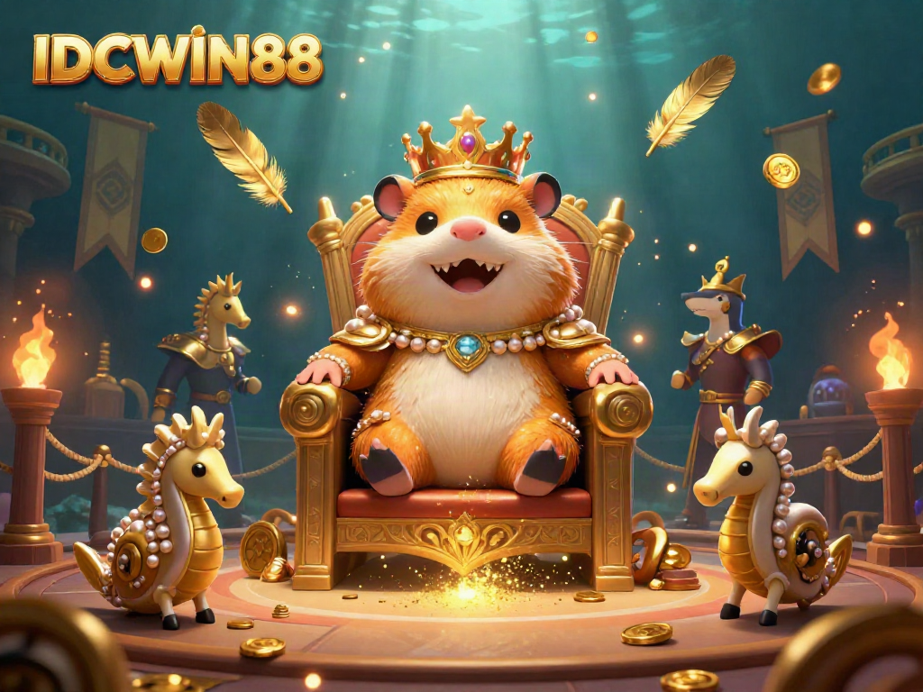 Experience the excitement of IDCWIN88 with digital gambling elements featuring a golden hamster king and vibrant game visuals.