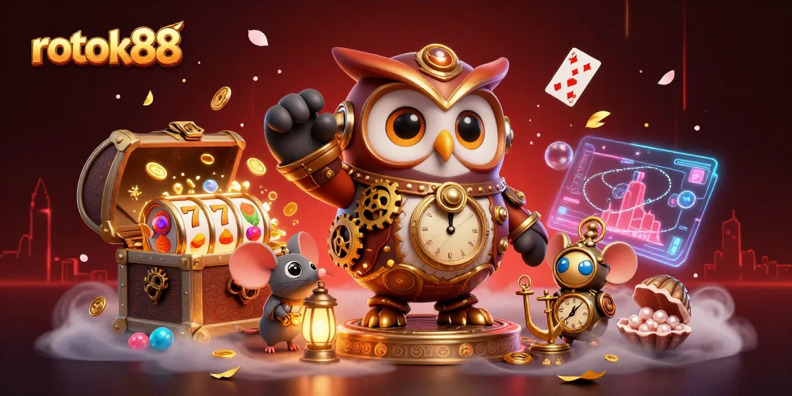 Engage with rokok88's vibrant 3D illustration featuring a time-traveler owl in an exciting casino scene.