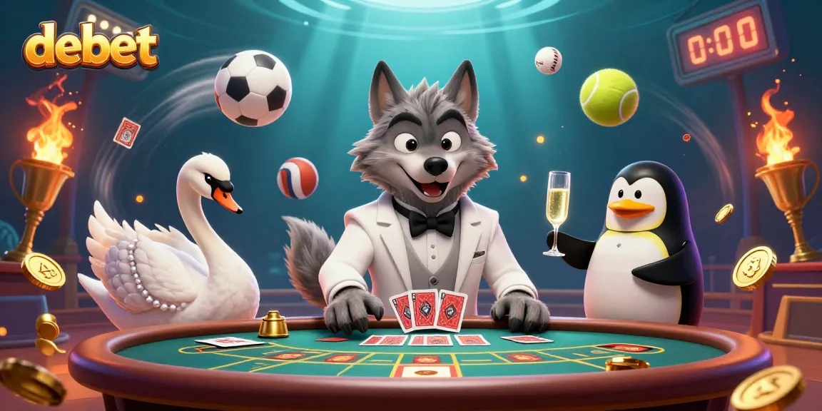 Experience debet’s thrilling baccarat scene with a debonair wolf, elegant swan, and sophisticated penguin amidst dynamic casino elements.