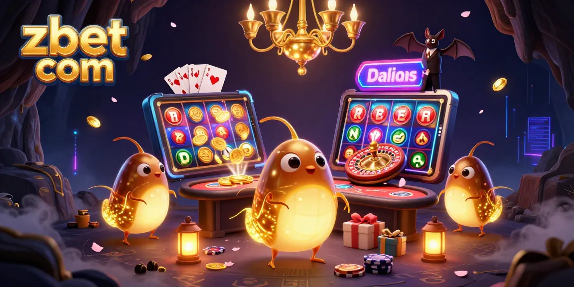 Experience thrilling gaming with zbet com's vibrant casino scene illustrated by glowworms and bat dealers.
