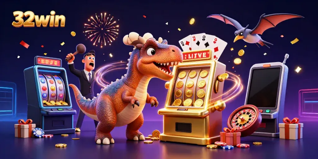 32win casino scene with cartoon dinosaurs celebrating a jackpot payout from a slot machine