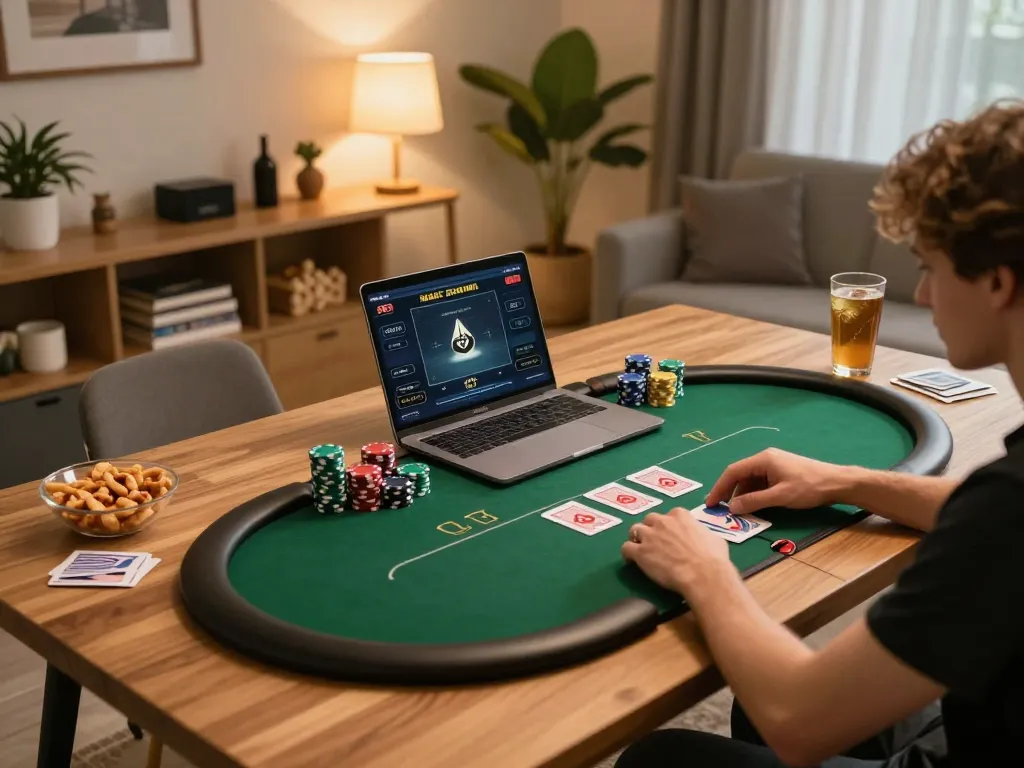 Player enjoying online poker at home, showcasing 98win platform experience and dynamic gameplay atmosphere.