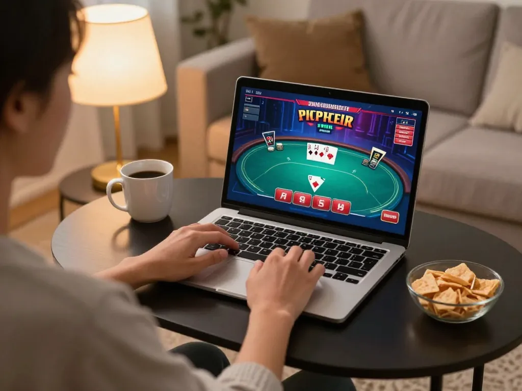 Người chơi đang lên chiến lược với trò chơi poker trực tuyến 12bet trên laptop trong một không gian thoải mái tại nhà.