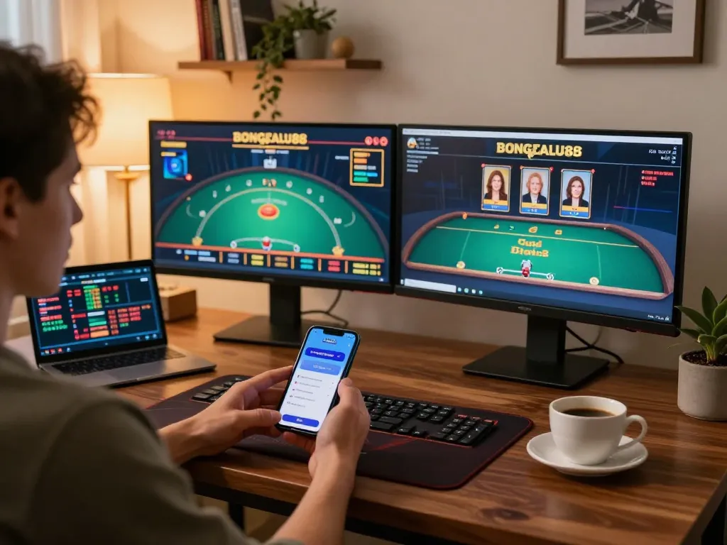 Bongdalu88 gaming setup with a smartphone displaying poker, enhancing strategic gameplay.