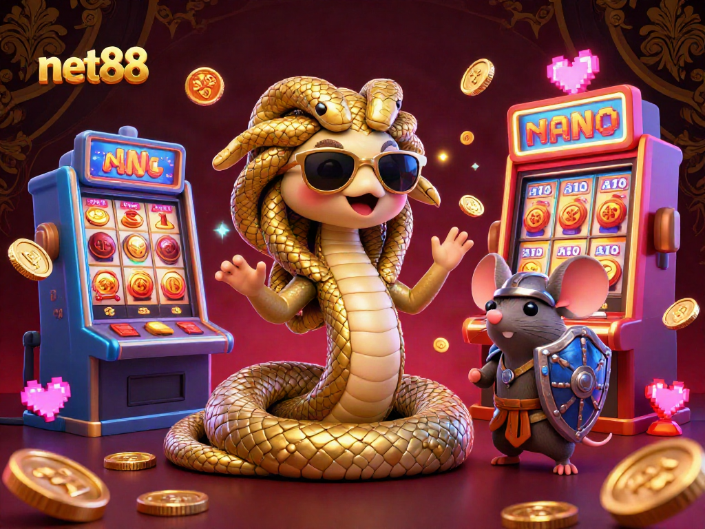 Experience thrilling gambling with net88 in a vibrant scene featuring Medusa and arcade games.