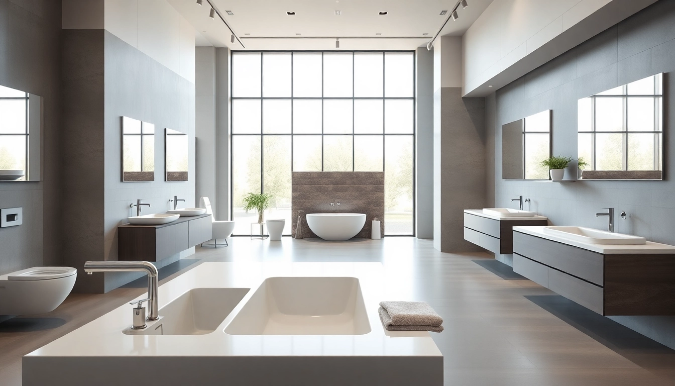 Sonni sanitär bietet elegante Sanitärprodukte, die in einem modernen Showroom präsentiert werden.