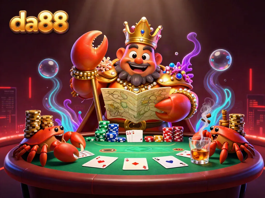 Engage with da88's exciting poker showdown featuring a golden crab emperor amidst colorful chips and cards.
