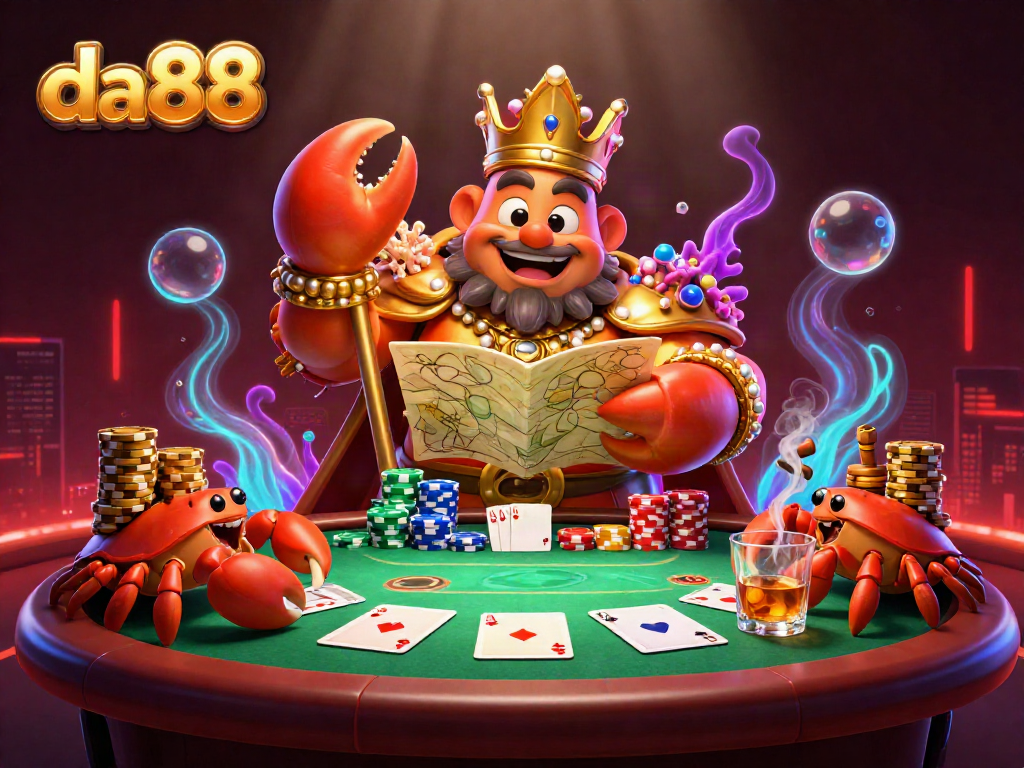 Engage with da88's exciting poker showdown featuring a golden crab emperor amidst colorful chips and cards.