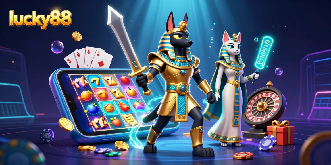 Spin to win with lucky88: 3D illustration featuring Anubis and Bastet with casino elements.