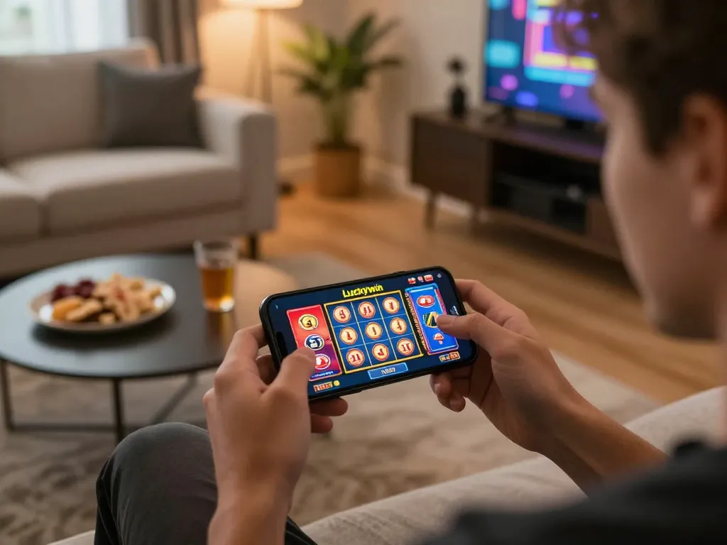 Engaging in Luckywin online casino gaming on a smartphone in a cozy living room setting