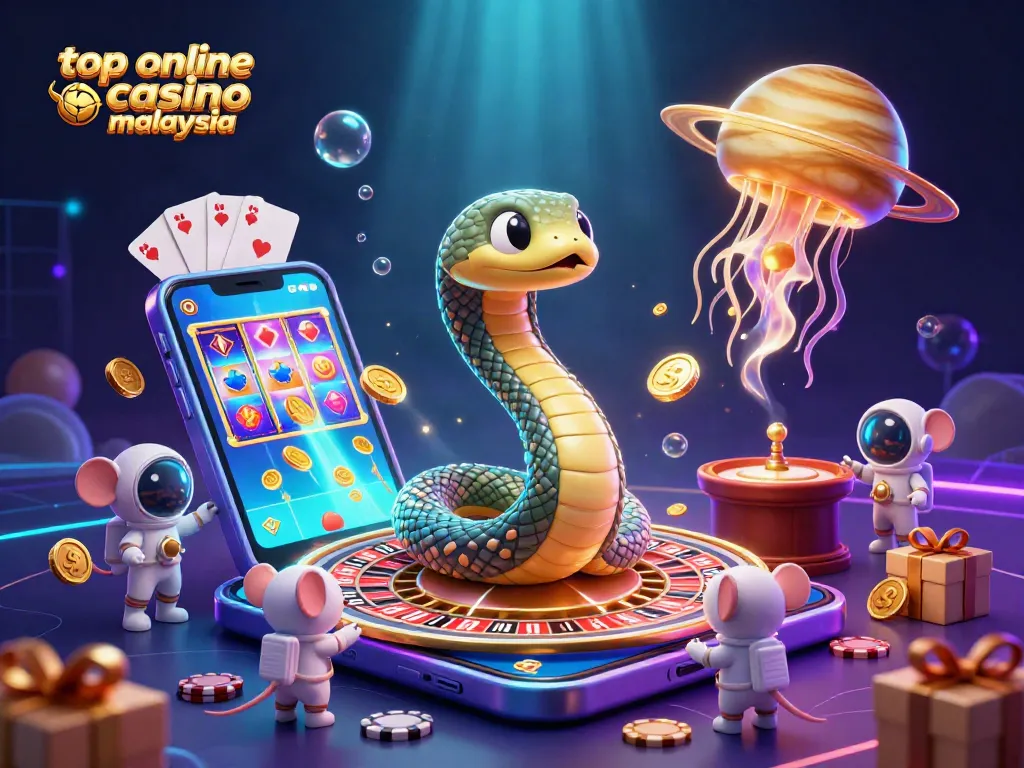 Engage with top online casino Malaysia featuring a cosmic gaming scene with astronauts betting on a roulette ring.