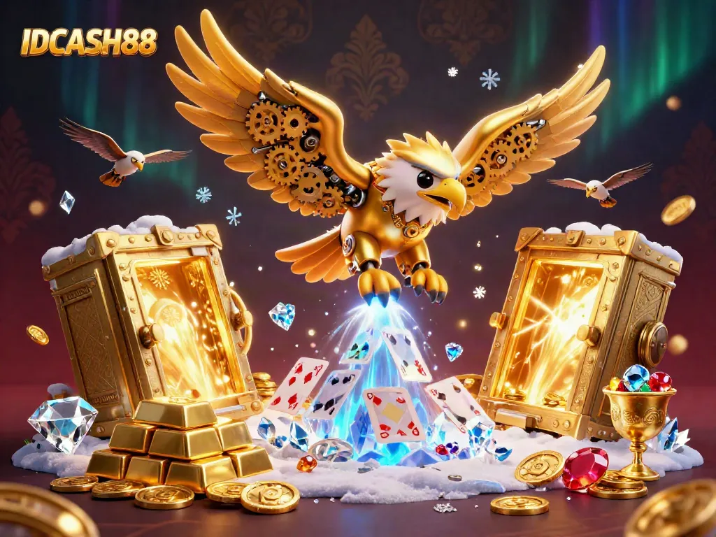 Experience thrilling gameplay at IDCASH88 with a dazzling scene of winning moments featuring an eagle amidst casino treasures.