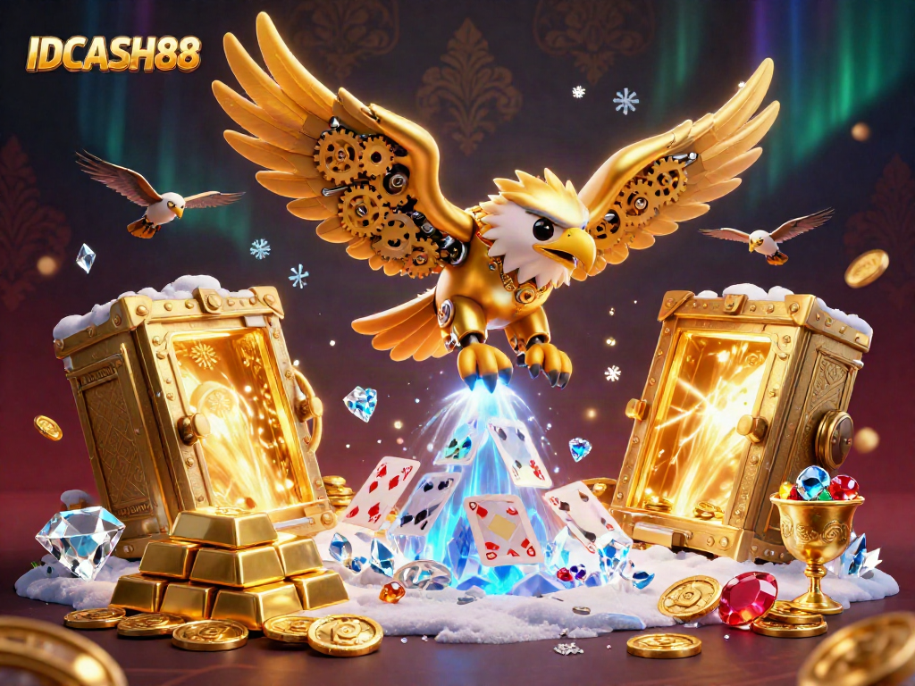 Experience thrilling gameplay at IDCASH88 with a dazzling scene of winning moments featuring an eagle amidst casino treasures.