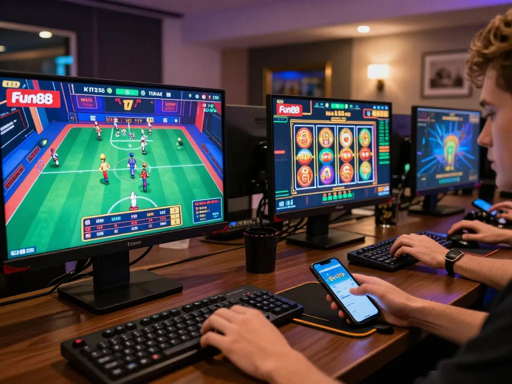 Fun88 players engaging in online casino games and sports betting on modern devices.