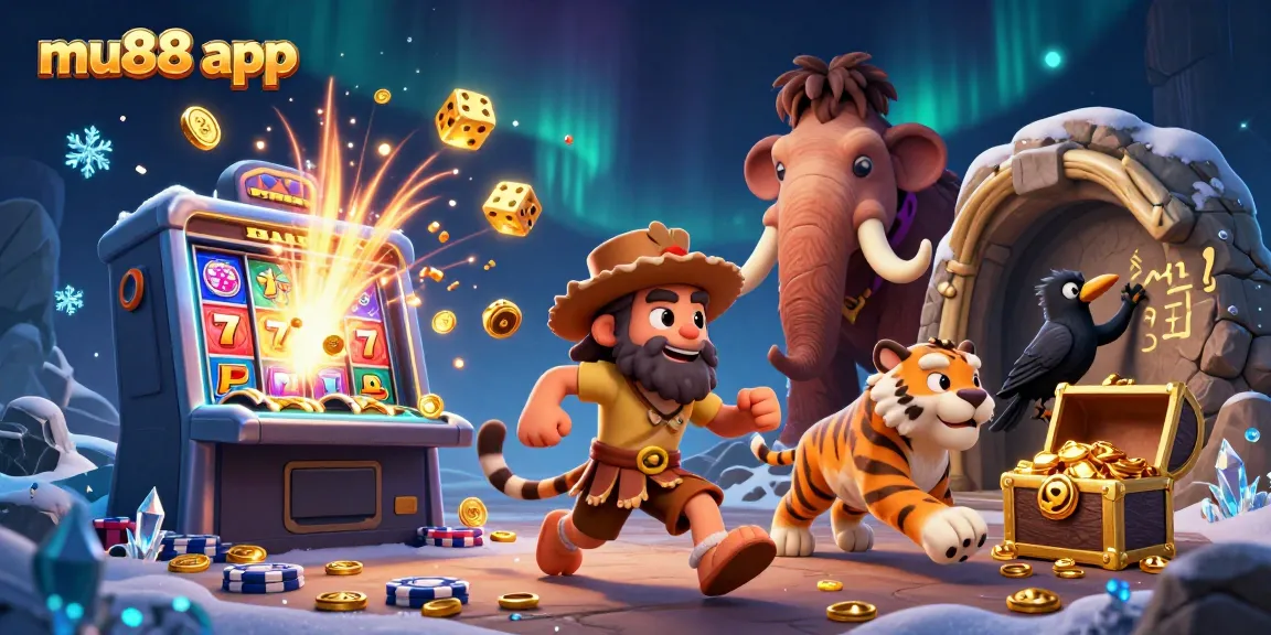 Experience the excitement of the mu88 app with caveman and sabertooth in a vibrant casino scene.