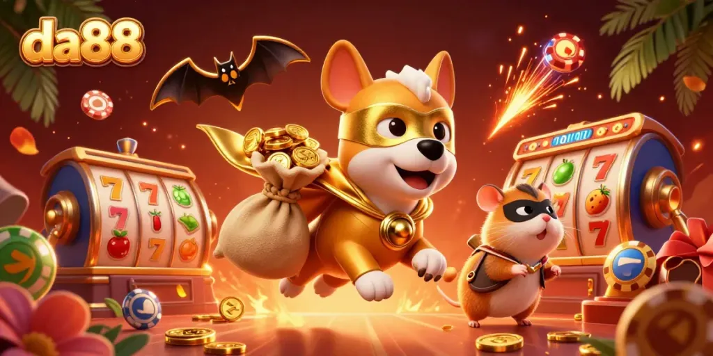 Engage with da88's exciting gameplay while a superhero dog symbolically represents the thrill of cashing in.